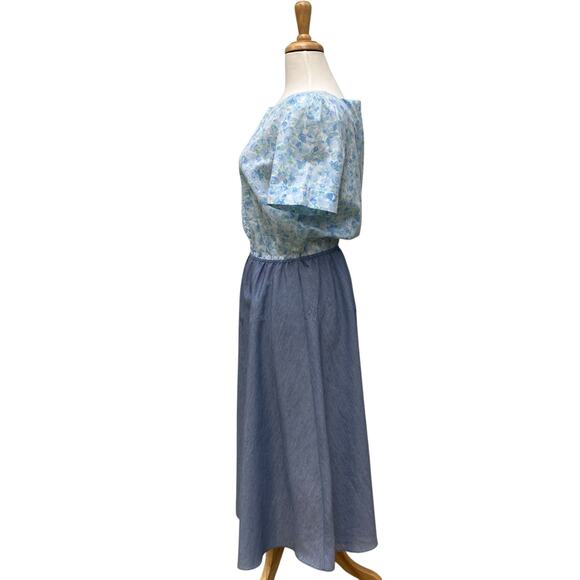 VTG Day Dress The Jones Girl Sz 12 Blue Floral Midi Pleated Feminine 50s 60s - Picture 5 of 13